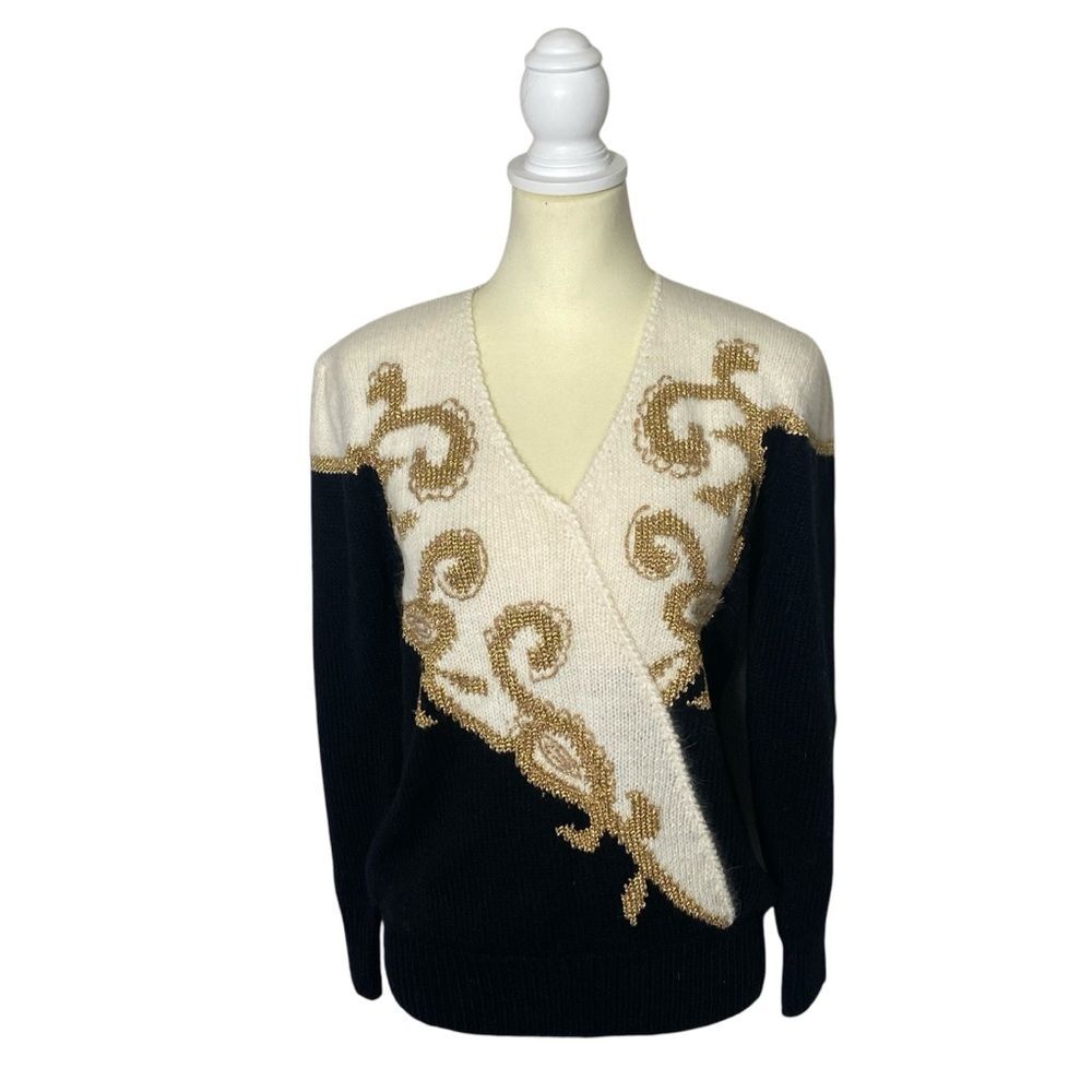 Vintage Dana Scott Blac, Gold & White Wool Blend Knit Sweater Women's Size M